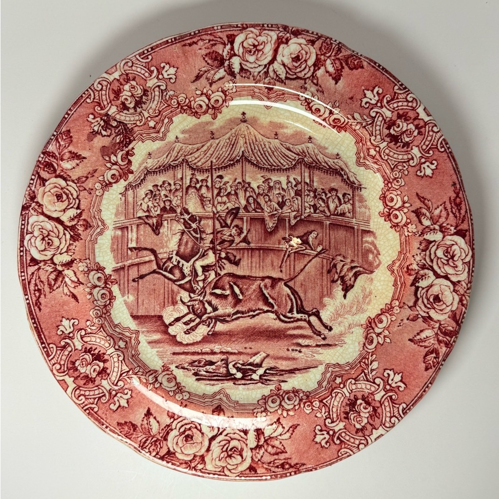 Spanish Festivities 1798 Pink Red George Jones 9.2” Antique Transferware Plate
